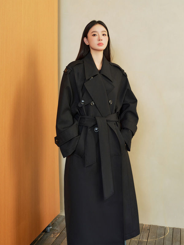 周淼ZHOUMIAO巴黎旧梦经典廓形大翻领双排扣中长款气质风衣外套女|undefined
