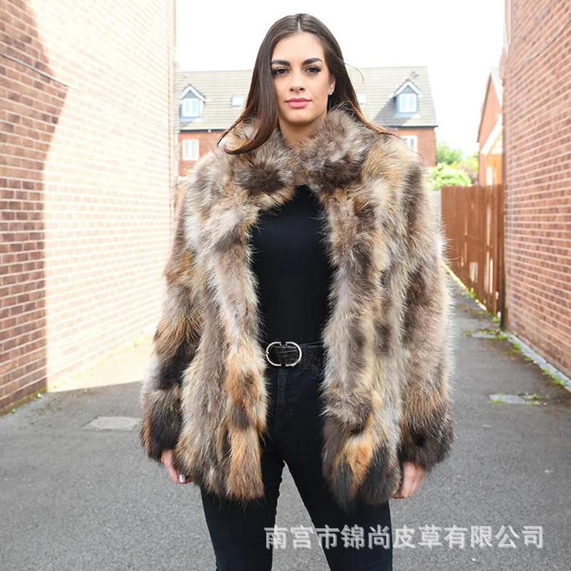 New foreign trade fur coat European and American raccoon fur long coat stand collar plus size