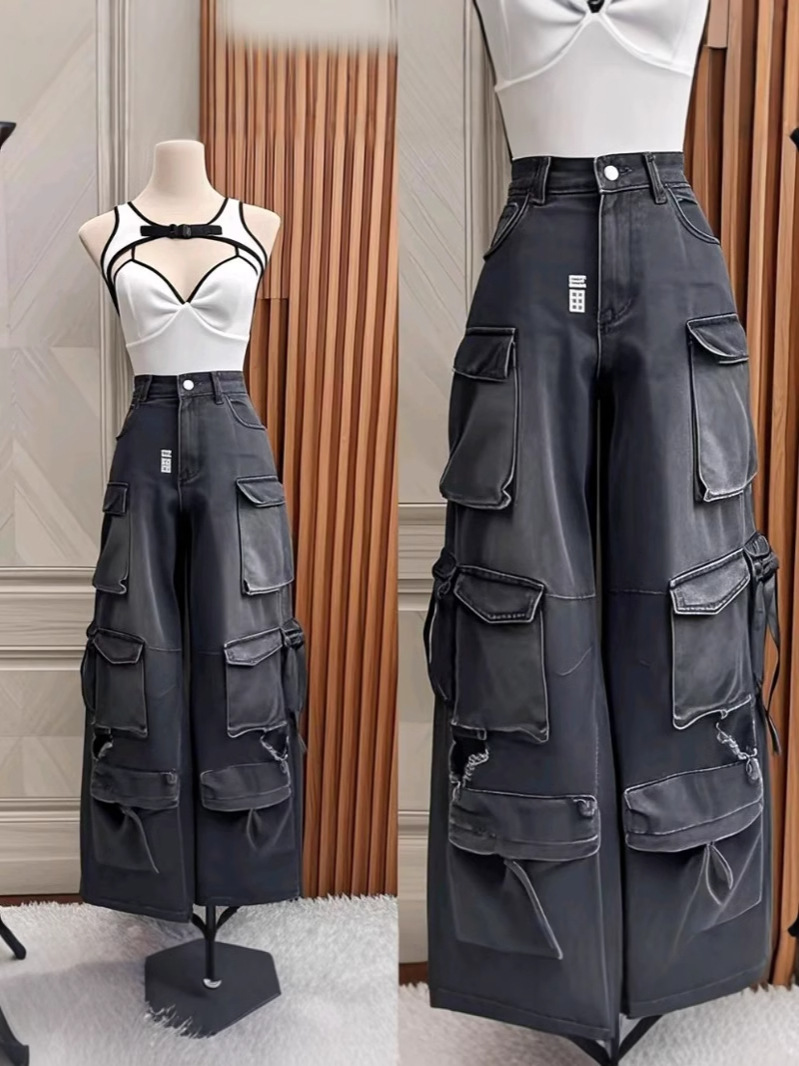 Pantalones de mezclilla para mujer, monos, pantalones de moda de piernas anchas con bolsillos múltiples, pantalones Cargo pants wholesale