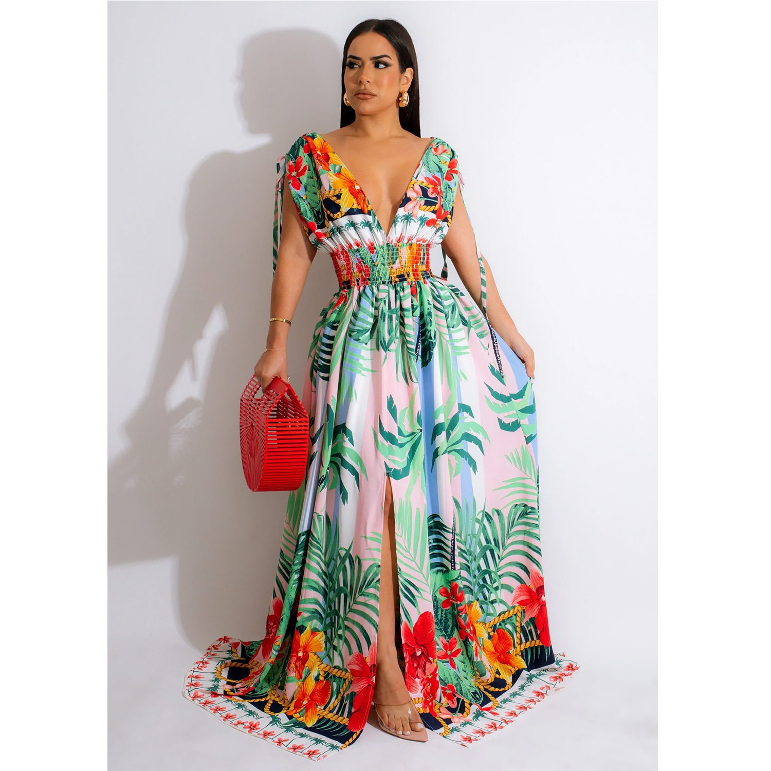 X6268 transfronterizo AliExpress Amazon europeo y americano de la moda de las mujeres pintado floral sin mangas en V vestido de las mujeres image 2