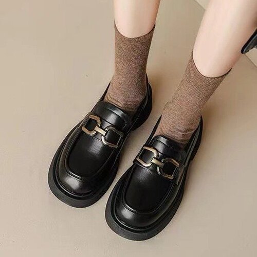 British style small leather shoes for women  spring and autumn new soft leather women's shoes thick sole black leather loafers