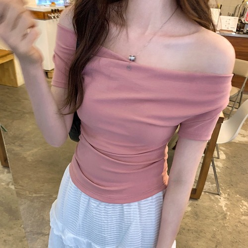 0829# Pleated Design Sensory No Bra Cup Seamless Short-Sleeve T-Shirt Slim Fit Versatile Solid Color Subtle Trick Hot Girl Top