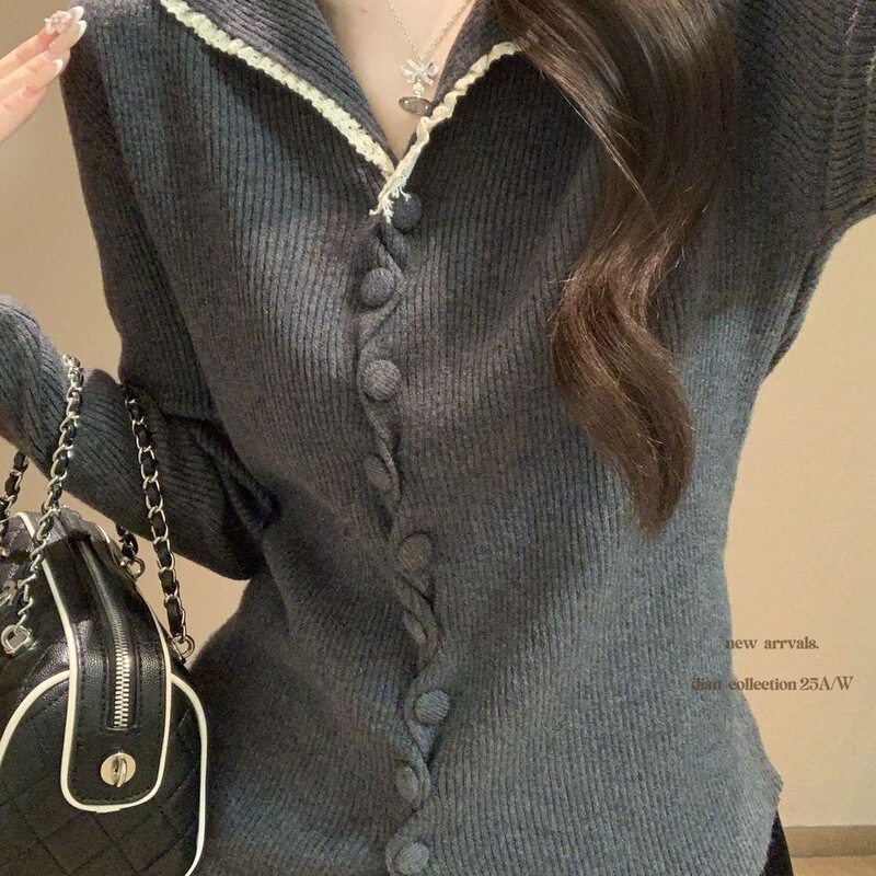 French-Style Lace Splicing Long-Sleeve Knit Sweater Autumn and Winter Button New Slim-Fit Base Slimming Sweater Top