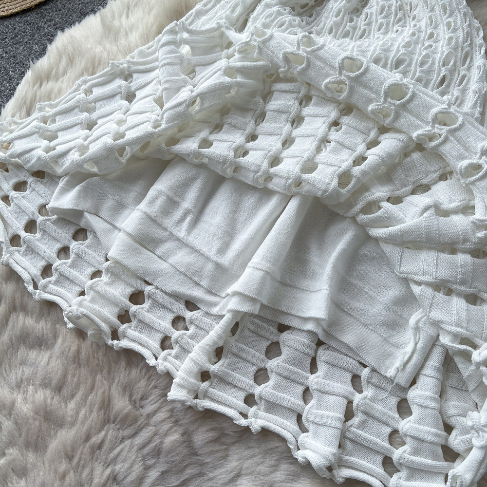 Women's Clothing Style Women's Sleeveless Halter Neck Knit Dress Sexy Backless Hollow Out A-Line Skirt Light Luxury_ecoleips.com