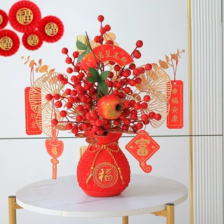 仿真冬青红果发财果假花乔迁结婚新年摆件客厅装饰钱袋福袋花盆