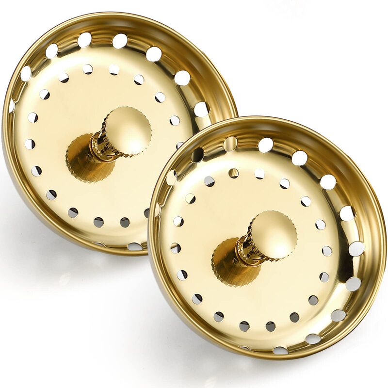 Universal Stainless Steel Sink Drain Plug, 2-Piece Set, Stainless Steel Gold-Plated Kitchen Sink Strainer