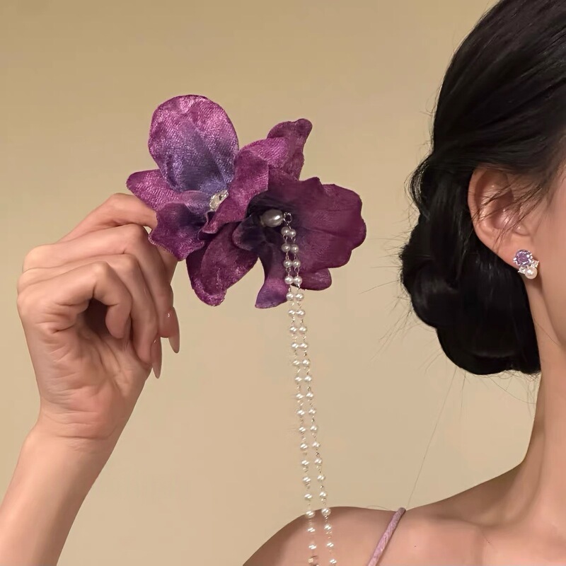 【Purple Rhythm Flower】2026 New Vintage Purple Flower Hair Clip with Pearl Tassel Side Clip Hair Accessory