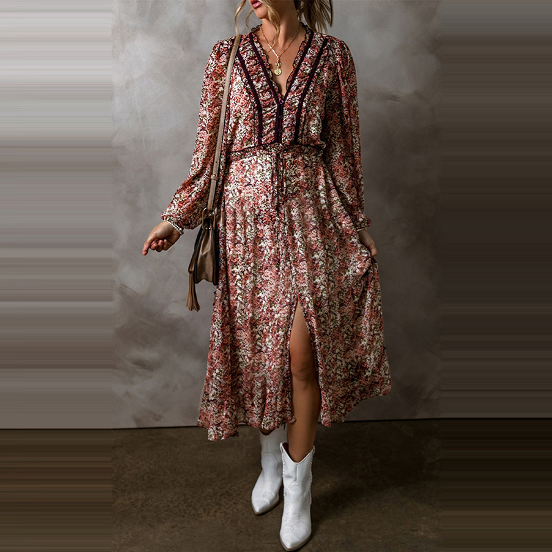 Autumn New Retro Floral Print V Neck Dress for Women 2025 European and American Fashion Front Slit Layered Mid-Length Skirt