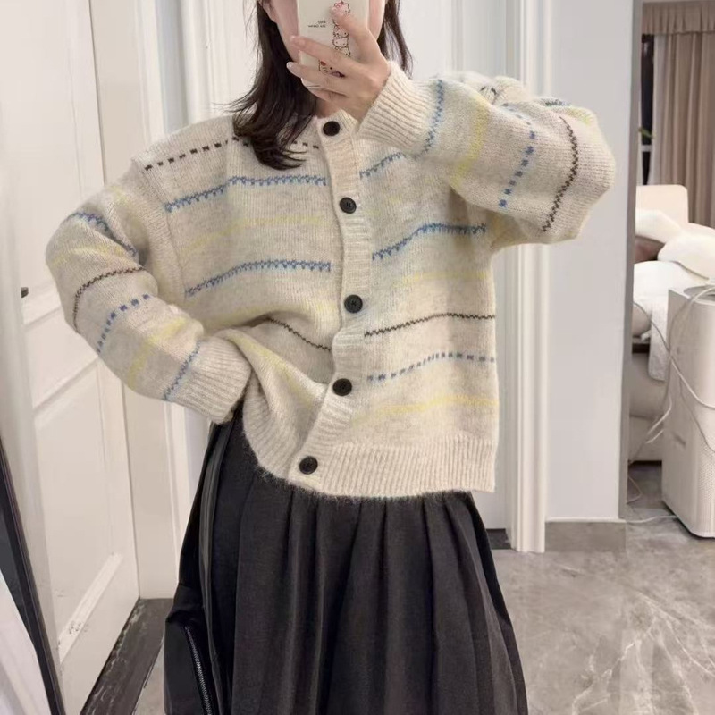 新款秋装上衣韩系条纹撞色针织开衫女宽松慵懒风减龄女装毛衣外套|undefined
