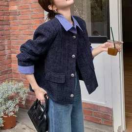 藏青色高级感格纹拼接小香风外套女2026春秋新款时髦洋气设计上衣