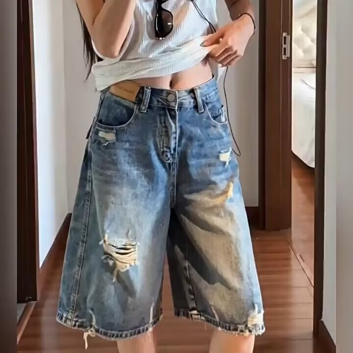 Mm626 Summer Light Blue High-Waisted Denim Shorts for Women European Retro Ripped Straight Loose Casual Five-Point Pants Mm626 Summer Light Blue High-Waisted Denim Shorts for Women European Retro Ripped Straight Loose Casual Five-Point Pants