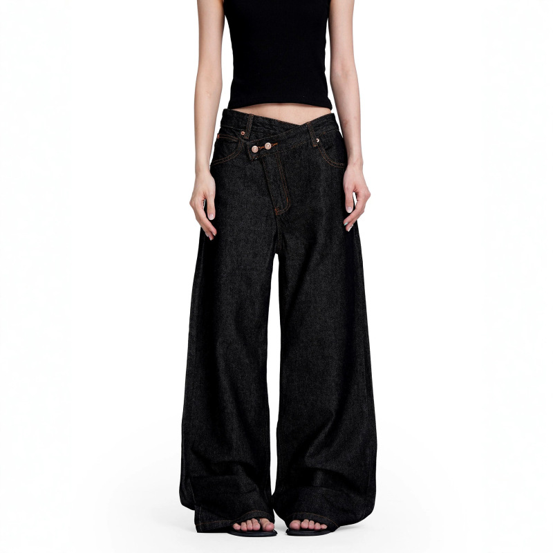 Factory Direct Sale American Retro Style Black Jeans with Diagonal Placket, Cleanfit, Irregular Design, Long Pants for Men