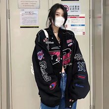 美式赛车服棒球服女春秋新款复古宽松印花百搭夹克机车外套ins潮