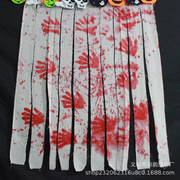 Halloween horror scene layout bloody handprint door curtain gauze…