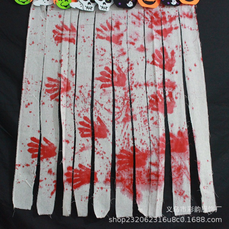 Halloween horror scene layout bloody handprint door curtain gauze…