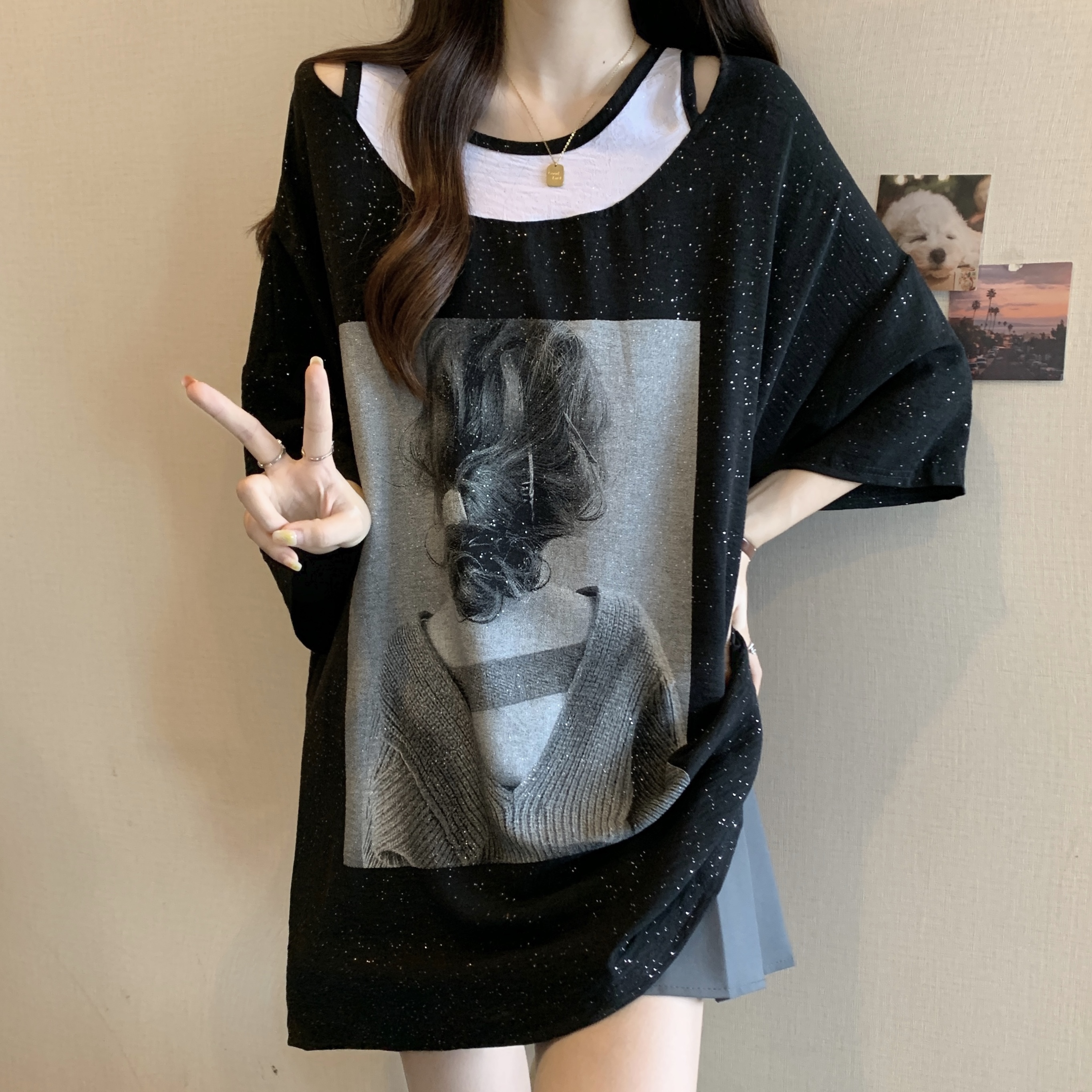 Large Version Loose Fake Two-Piece Off-Shoulder Short-Sleeved Shirt for Women in Autumn Plus Size Fat Slimming Mid-Length Butt-Covering Top