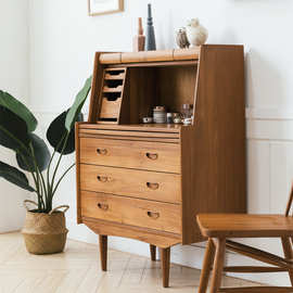 北欧全实木樱桃木梳妆台中古收纳柚木写字桌多功能卧室黑胡桃斗柜