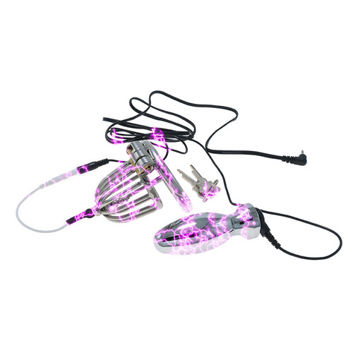 Fun electric shock chastity lock CB chastity device male Cynomorium penis cage pulse anal plug set adult fun SM