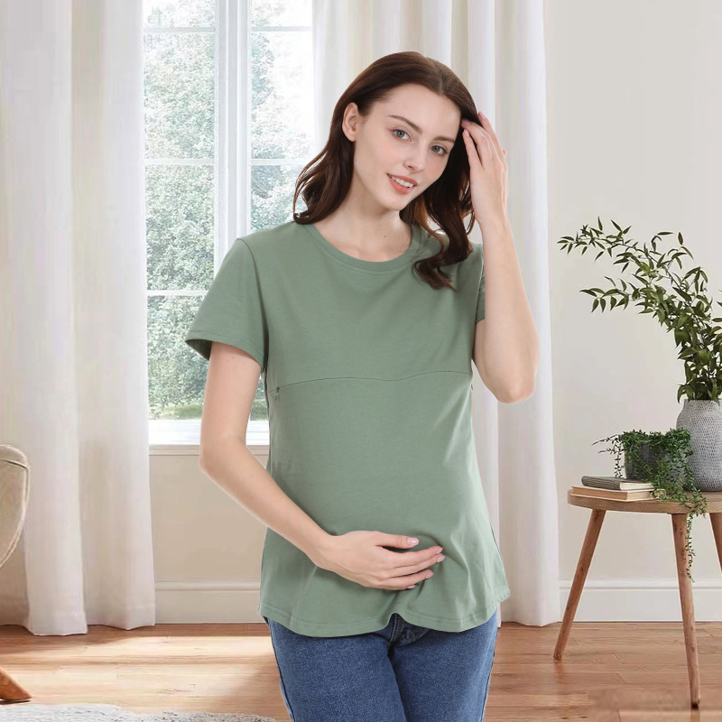 夏の辛いお母さんの妊婦の半袖のtシャツの純綿のファスナーの授乳服の家庭の底のシャツの欧米の大きいサイズは現物を提供します。|undefined
