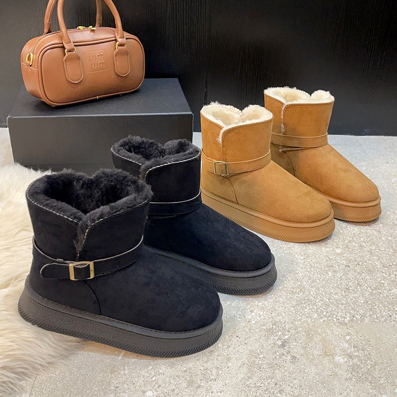 Cross-Border Large Size Belt Buckle Thick-Soled Snow Boots for Women 2025 Winter Short Suede Thickeneded Cotton Boots Russian Export