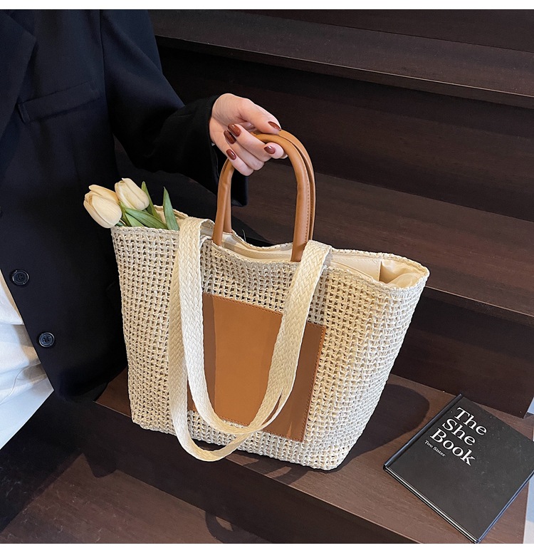 Large Woven Beach Tote Bag For Women Stylish Hollow Out Handbag_voghion.com