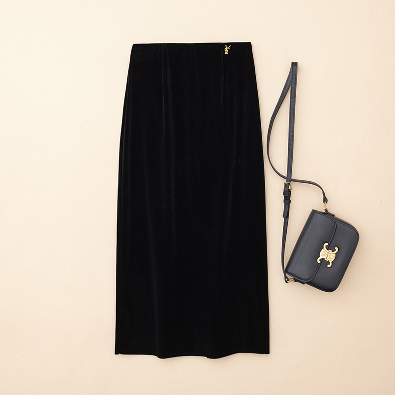 French Style Elegant Gold Velvet Skirt Women's Straight Skirt Mid-length Dape Knee Skirt High Waist Slimming Hepburn Style