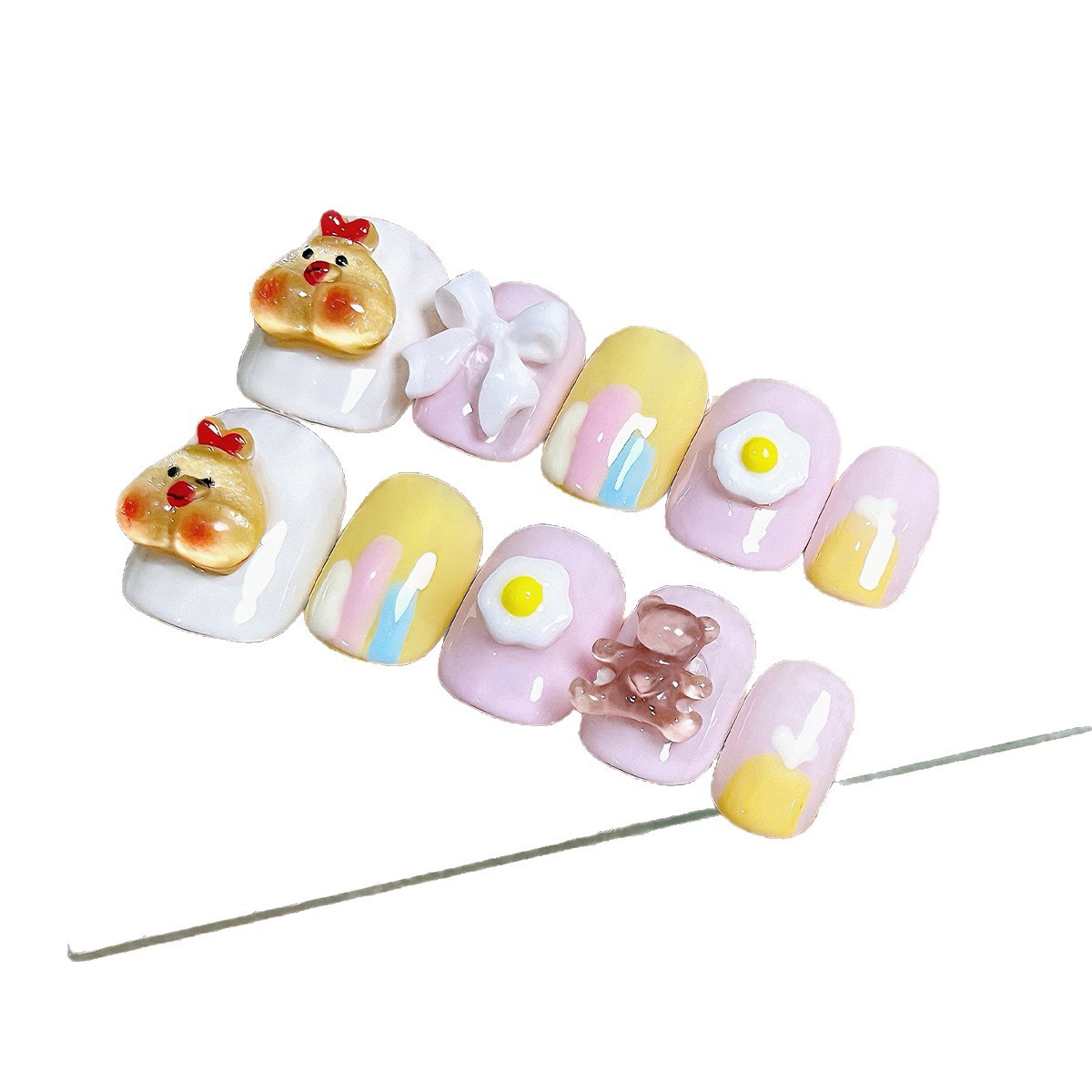 Pura hecha a mano, dibujos animados en espera, dopamina tridimensional, pollo lindo, huevo escalfado, manicura, uñas, uñas postizas, uñas