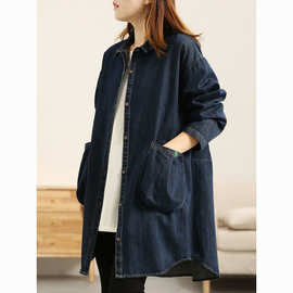 2025春秋季新款休闲口袋中长款牛仔衬衫女复古POLO领大码风衣外套