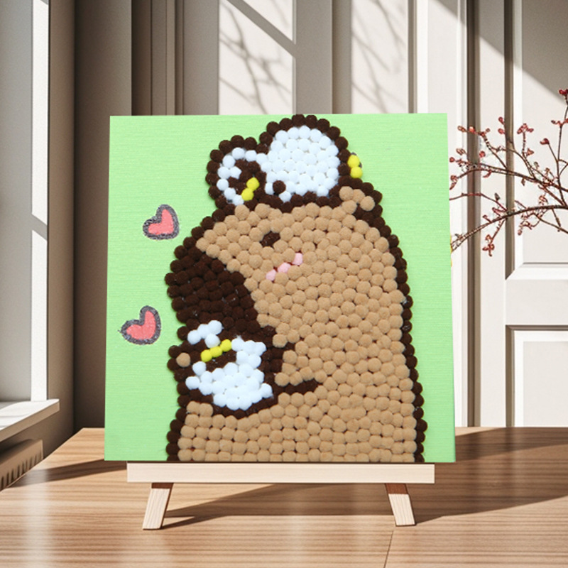 Pintura de bola de pelo Dibujos animados Niños creativos Pegatinas a mano Diy Material hecho a mano Paquete Marco estirado Pintura adhesiva Marco de madera maciza Pintura decorativa