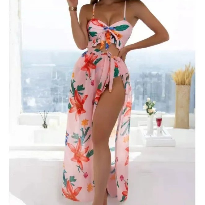 2025 European and American Amazon New Women's Beach Vacation Style Women's Three-Piece Set Women's Split Fashion Women's