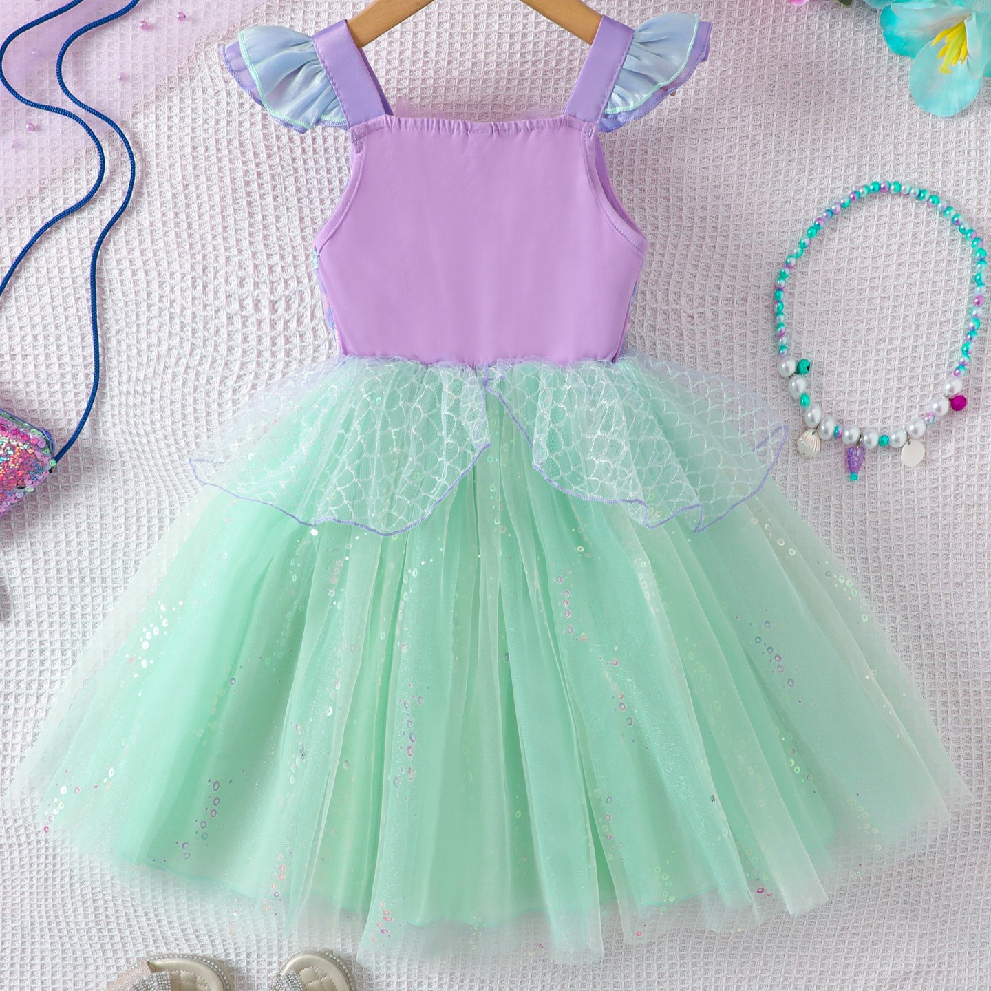Girls' Summer Hot-Selling Flutter Sleeve Strap Mesh With Sparkling Sequins Mermaid Princess Dress_voghion.com