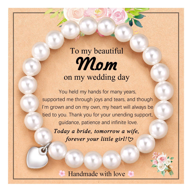 High-gloss pearl bracelet with elastic cord, adjustable, Mother's Day gift, 8mm white pearl heart pendant bracelet