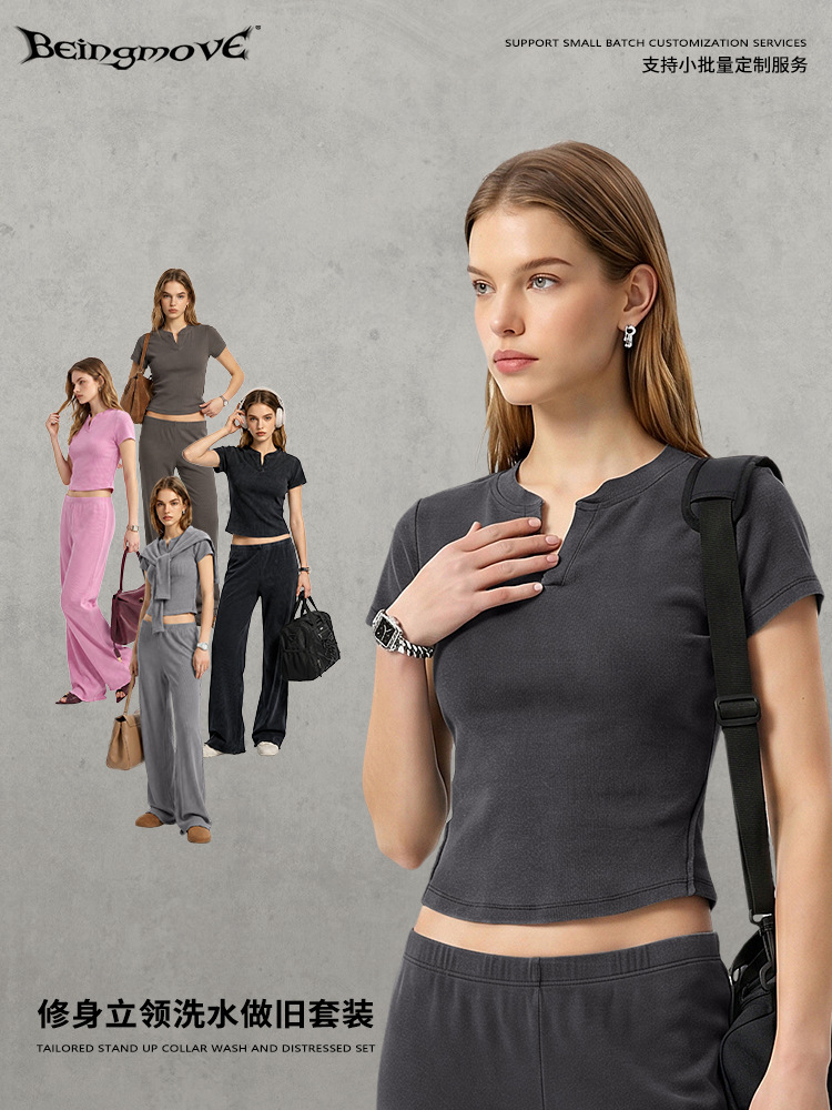 Calle seca otoño europeo y americano delgado cuello en V camiseta de manga corta recta colgante pantalones largos de piernas largas marca de moda traje casual para mujeres