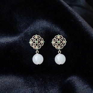 Natural Hetian Jade White Jade Chinese Classical Retro Earrings Copper 14k Gold Earrings Ear Drop Earrings