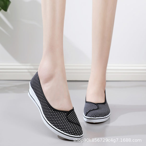 One-word Brand Work Shoes Women's Black Dot Wedge Heel Soft Bottom Odor-proof Breathable White Beauty Shoes for Summer