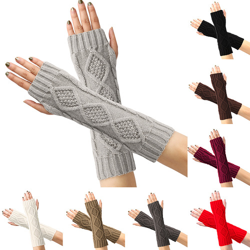 Cross-border rhombus knitted wool gloves winter warm retro all-match half-finger wristband extended fingerless arm cover