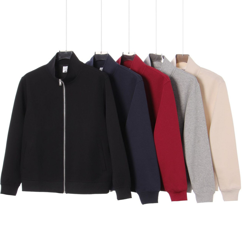 Autumn and winter collection: 350g heavyweight, original yarn cotton, solid-color, stand-up collar, zip-up sweatshirt, unisex, loose fit, simple and casual style, wholesale