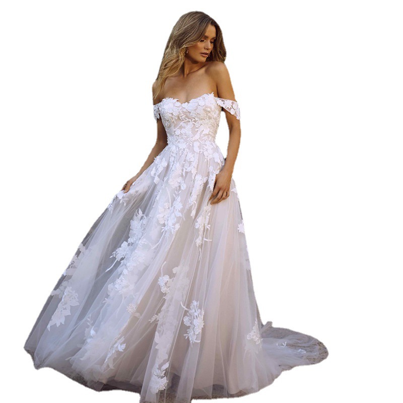 Vestido de novia elegante europeo y americano, estilo Amazon, AliExpress, Wish, con hombros descubiertos, encaje, largo y elegante, para la noche.