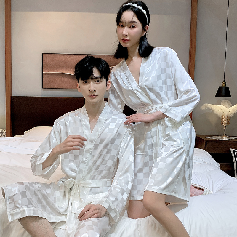 Plaid Spring and Autumn Nightgown Couples Bathrobe Silk Pajamas Women's Nightgown Summer Men's Long Sleeve Ice Silk Bathrobe Home Clothes