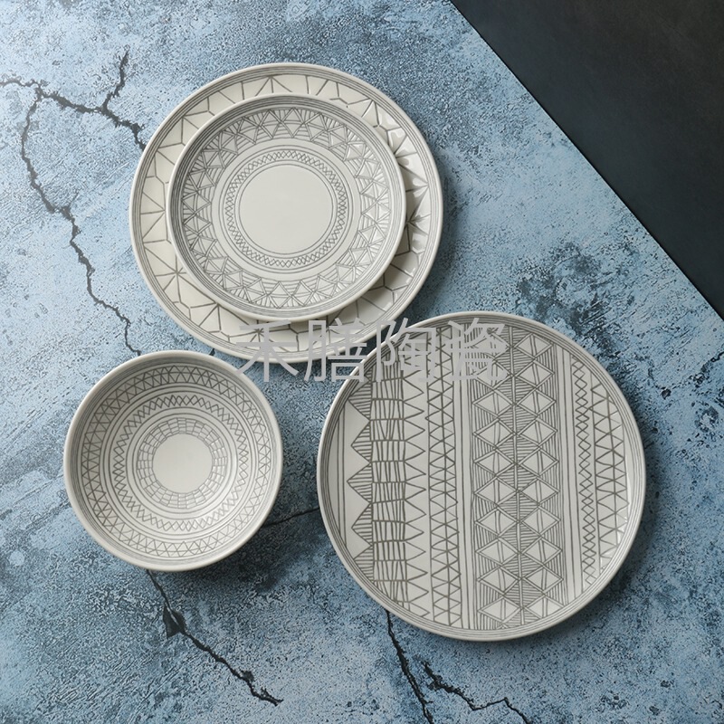 British Original Order] Geometric Pattern Household Ceramic Tableware Dish Plate [High-End Embossed New Bone China Japanese Bowl