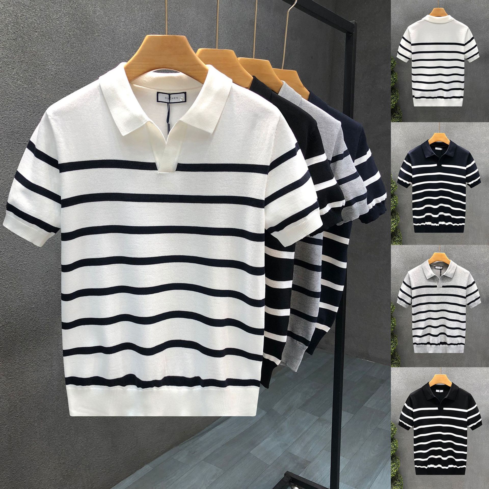 Polo camiseta de punto camiseta de manga corta camiseta de hombre cuello en V gaviota cuello rayas viejas líneas de viento de verano fábrica transfronteriza mayorista