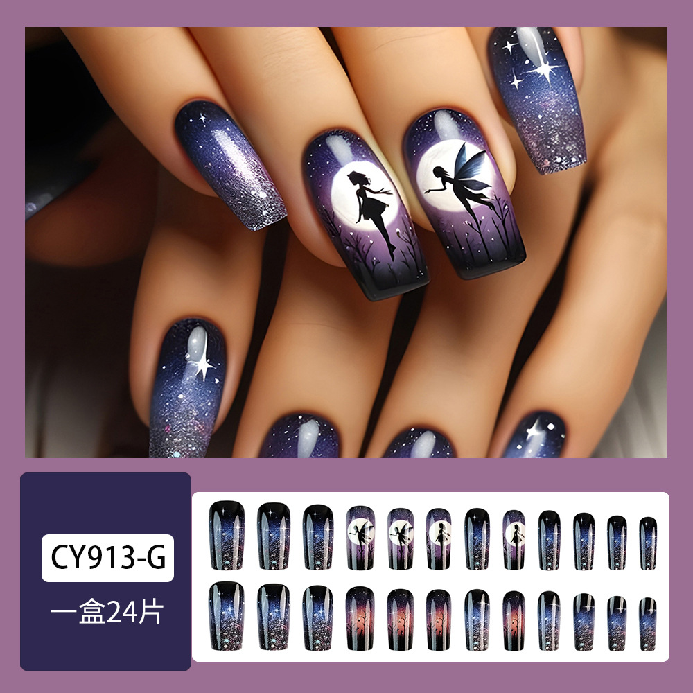 Viento gótico viento negro púrpura estrella lleva uñas silueta de viento oscuro elfo manicure 24 piezas de un sentido avanzado de fantasía manicure falsas
