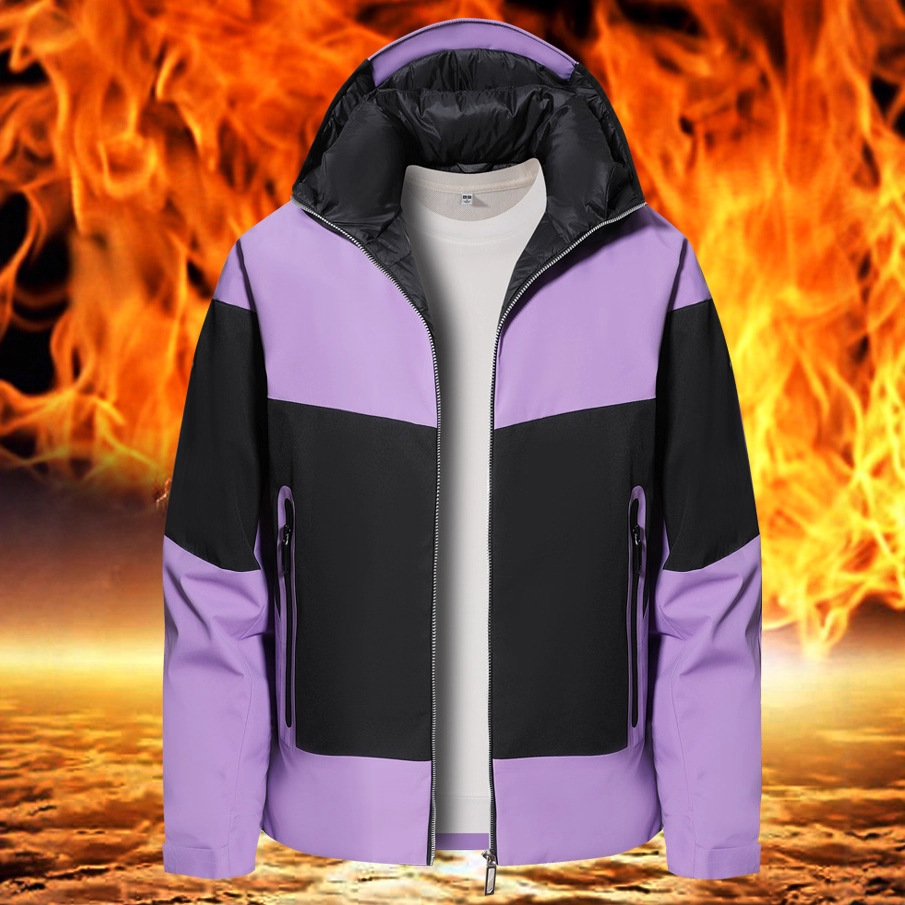 Hombre transfronterizo invierno encapuchado chaqueta juvenil de color contrastante campamento al aire libre impermeable chaqueta de pareja