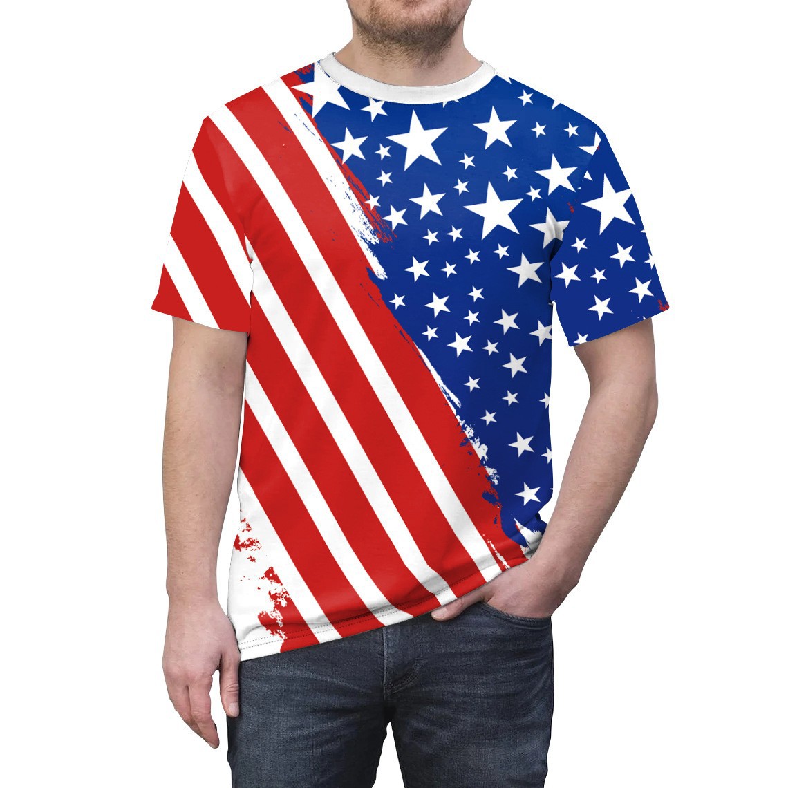 Verano europeo y americano nuevo día de la independencia de los hombres deportes y ocio de manga corta impresión digital cuello redondo camiseta pareja