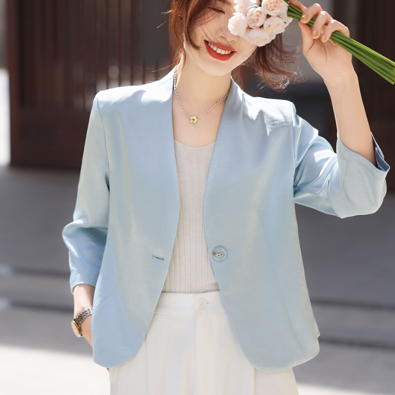 Acetate Satin Pure Color Blazer for Women, High-End Casual Loose Thin Summer Slim Fit Blazer Top