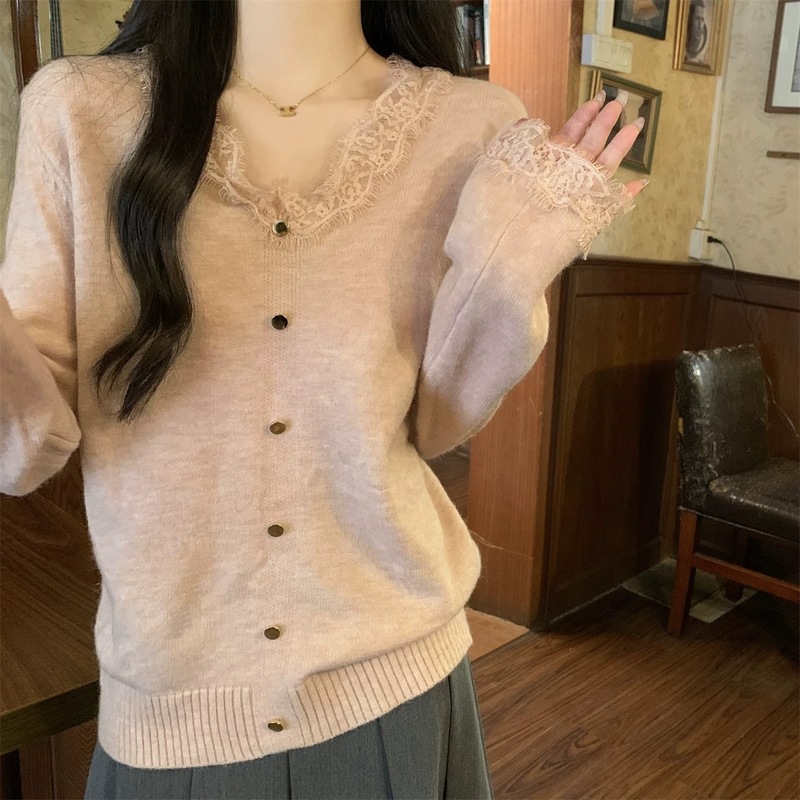 miu系奶fufu蕾丝拼接v领打底衫女春秋纯欲内搭毛衣软糯针织衫上衣|undefined