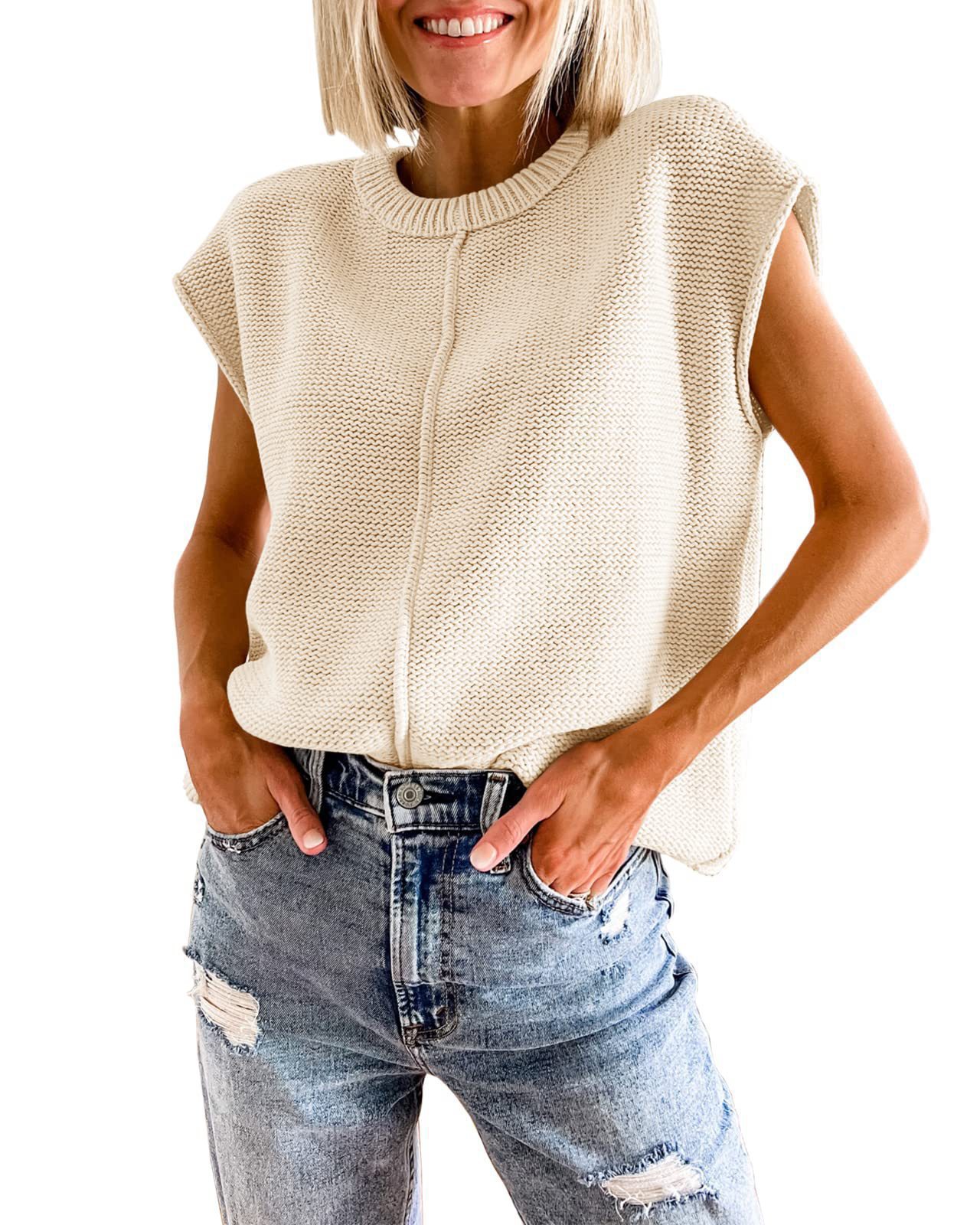 2024 Comercio exterior transfronterizo de Amazon para mujer sin mangas top moda casual cuello redondo suéter de punto suelto mujer