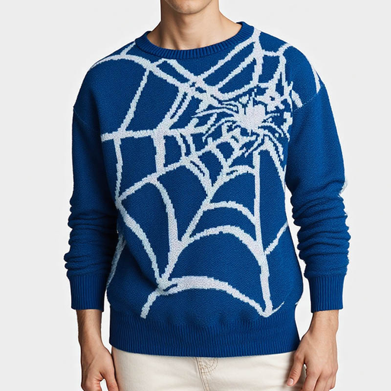 Mode Herren Herbst Neuer Rundhalspullover Amerikanisches Spinnennetzmuster Jacquard Gestricktes Basishemd_voghion.com