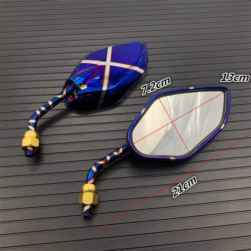 10mm Front-Facing Rearview Mirror Suitable for Suzuki, Yamaha, Kawasaki, Silver and Blue Cross Design Motorcycle