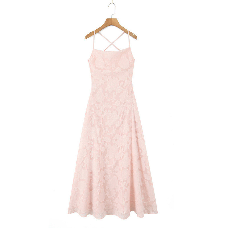 Nssf Self-Made European and American Fashion Wholesale Jacquard Sexy Slim-Fit Spaghetti Strap Dress with Backless Tie Design